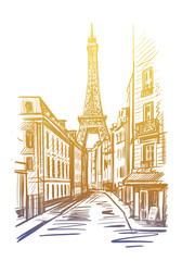 Naklejka na ściany i meble Eiffel tower on a street in Paris sketch