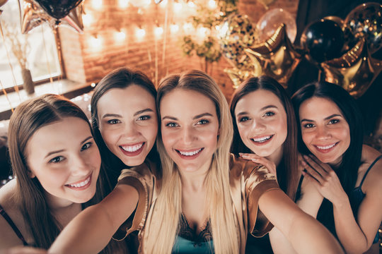 Close-up photo portrait of five attractive tender gentle sisters best fellows buddies with long hair celebrating night before getting married make take self picture to remember the event