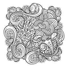 Vector sea creatures doodle background. Adult coloring page with undersea world. Black and white background with doodle crab and octopus tentacles