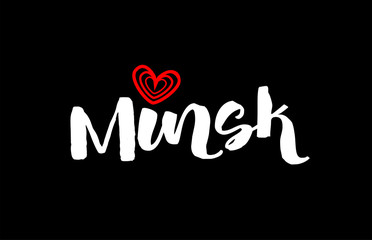 Minsk city on black background with red heart for logo icon design