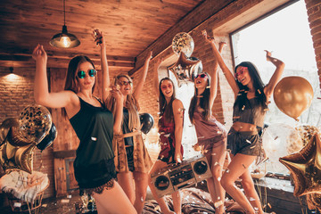 Relax dancer festive mood vacation hanging night-out. Five positive funny funky carefree inspired pretty diverse multiethnic ladies in glamorous shorts lace silky tank tops screaming having fun 