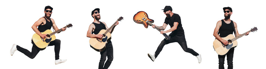 Guitar player isolated over white background. He is singing, screaming and jumping. Hipster guitar player with beard and black clothes