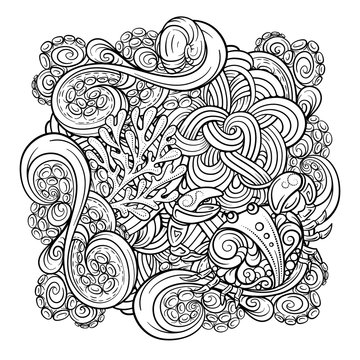 Vector sea creatures doodle background. Adult coloring page with undersea world. Black and white background with doodle crab and octopus tentacles