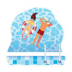 young couple with swimsuit and float in water