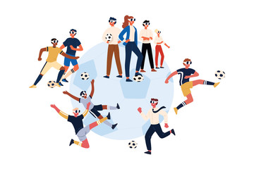 Fototapeta na wymiar Soccer players wearing virtual reality headsets, male, female footballers in VR glasses kicking ball