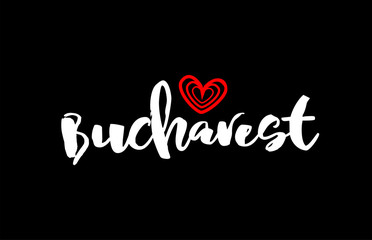 Bucharest city on black background with red heart for logo icon design