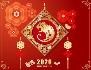 Fototapeta premium Happy Chinese new year 2020. Year of the rat. Colorful hand crafted art paper cut style. Vector illustration EPS10. 