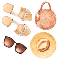 Watercolor hand drawn holiday beach fashion look book illustration set isolated on white background