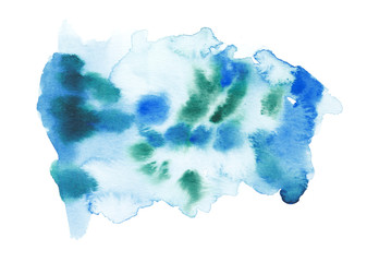 Watercolor hand-painted blue and green abstract splash illustration on white background