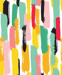 Abstract vector pattern with hand painted brush strokes and texture. Colorful seamless background in bright colors. Trendy print design in pink, black, yellow, green and red.black.