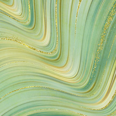 abstract background, fashion fake stone texture, green onyx jade agate or marble slab with gold glitter veins, wavy lines, painted artificial marbled surface, artistic marbling illustration © wacomka