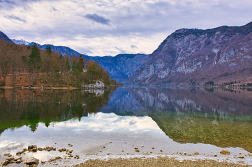 The beautiful lake Bohinj in Triglav national park on a winter day