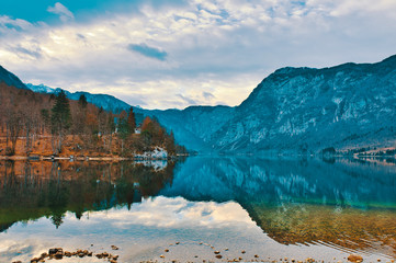 The beautiful lake Bohinj in Triglav national park on a winter day