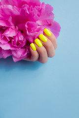 Stylish trendy female manicure. Neon yellow nails with pink peony flowers on blue background. Nail polish. Art manicure. Modern style.
