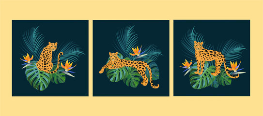 Tropical templates with leopards. Vector illustrations. Can be used for banner, poster, card, postcard and printable.