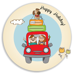 happy couple with their dog traveling with funny red car. Summer holiday poster