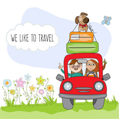 happy couple with their dog traveling with funny red car. Summer holiday poster