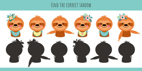 Sloth with flowers. Learning children game. Find the correct shadow.   Cartoon cute  illustration on a white background. © Natallia