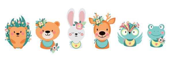 Animals with flowers on a white background. Hedgehog, rabbit, bear, bunny, owl, deer, frog. Cartoon cute  illustration for baby shower invitations, cards, posters.