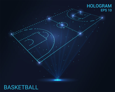 Hologram basketball. Holographic projection of the basketball court. Flickering energy flux of particles. The scientific design of the sport.