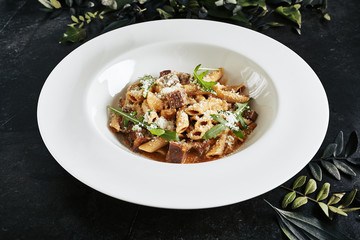 Exquisite Serving White Restaurant Plate of Homemade Italian Penne Pasta with Beef Cheeks Sauce