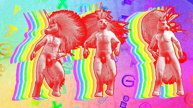 Seamless funny animation of a crazy unicorns dancing with rainbow  and colorful background.