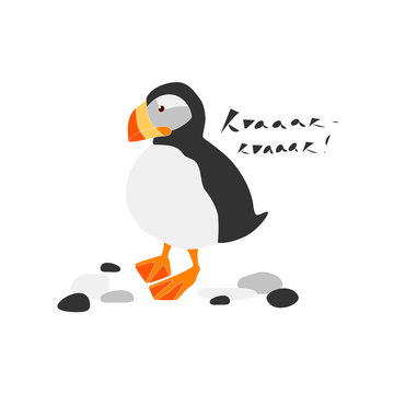 Cute atlantic puffin vector hand drawn illustration. Sea bird with waves and inscription Aaarw isolated clipart. Postcard design element, kids game, book, t-shirt, textile
