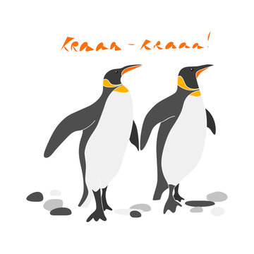 Couple of cute king penguins vector hand drawn illustration. Sea bird with waves and inscription Aaarw isolated clipart. Postcard design element, kids game, book, t-shirt, textile