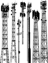 group with seven antenna tower silhouettes on white