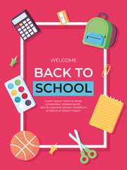 Back to school information card set. Student template of flyear, magazines, posters, book cover, banners. Calculator, scissors, notebook, backpack, watercolor, ball, pin. Office and student items