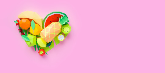 exotic fruits made of paper on pink background