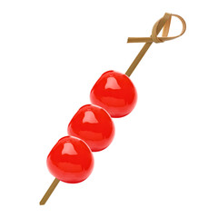 Maraschino cherries on bamboo cocktail stick isolated on white background including clipping path