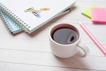 Notebook and pencil, stationery with copy space on white table background for presentation, writer or school education, blogger, novel and friction or brand story concept