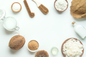 variety of products made from coconut with copy space