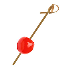Maraschino cherry on bamboo cocktail stick isolated on white background including clipping path