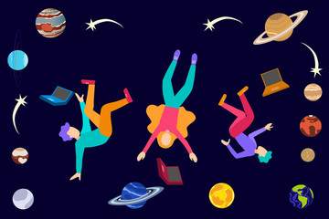 Young college students floating in space with laptops. planets and shooting stars, astronomy learning lesson