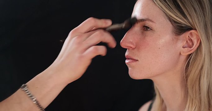 Make Up Artist applies foundation over model face