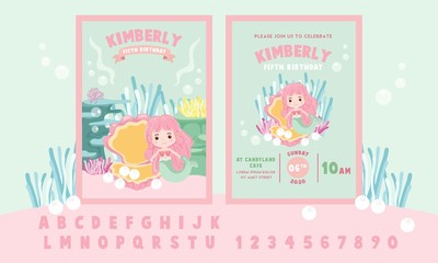 Cute Little Pink Mermaid Theme Birthday Party Invitation Card Template - Vector Illustration - Invitation Ready to Print - Vector