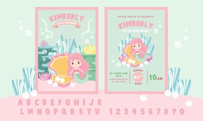 Obraz premium Cute Little Pink Mermaid Theme Birthday Party Invitation Card Template - Vector Illustration - Invitation Ready to Print - Vector