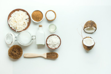 variety of products made from coconut with copy space