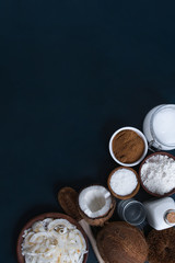 variety of products made from coconut with copy space
