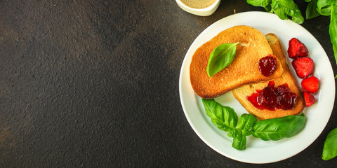 breakfast Toast, strawberry jam and coffee (tasty snack with basil, dessert). food background. top view. copy space