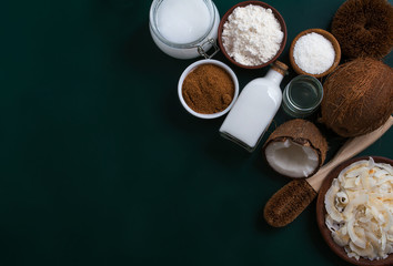 variety of products made from coconut with copy space