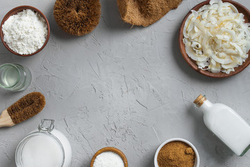 variety of products made from coconut with copy space