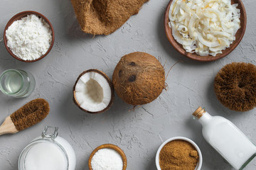 variety of products made from coconut with copy space