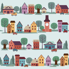 Cartoon style houses and trees, seamless vector pattern with town streets for  print or wallpaper