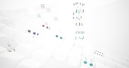 Abstract white and colored gradient glasses interior multilevel public space with window. 3D illustration and rendering.