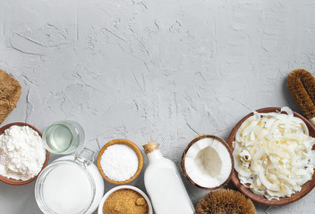 variety of products made from coconut with copy space