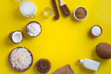 variety of products made from coconut with copy space