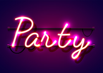 Neon sign, the word Party on dark background. Night life Background for your design, greeting card, banner.